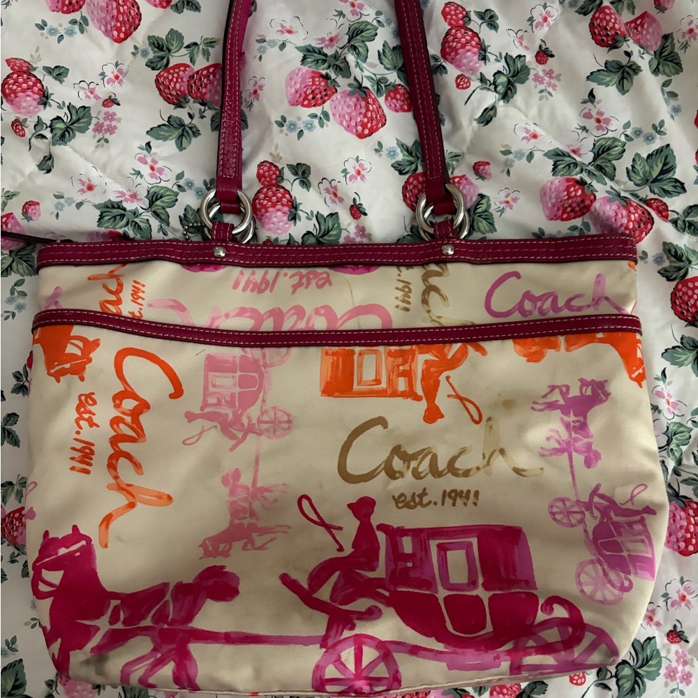 Coach Cream Tote with Pink and Orange Horse-and-Carriage Print - Picture 4 of 6